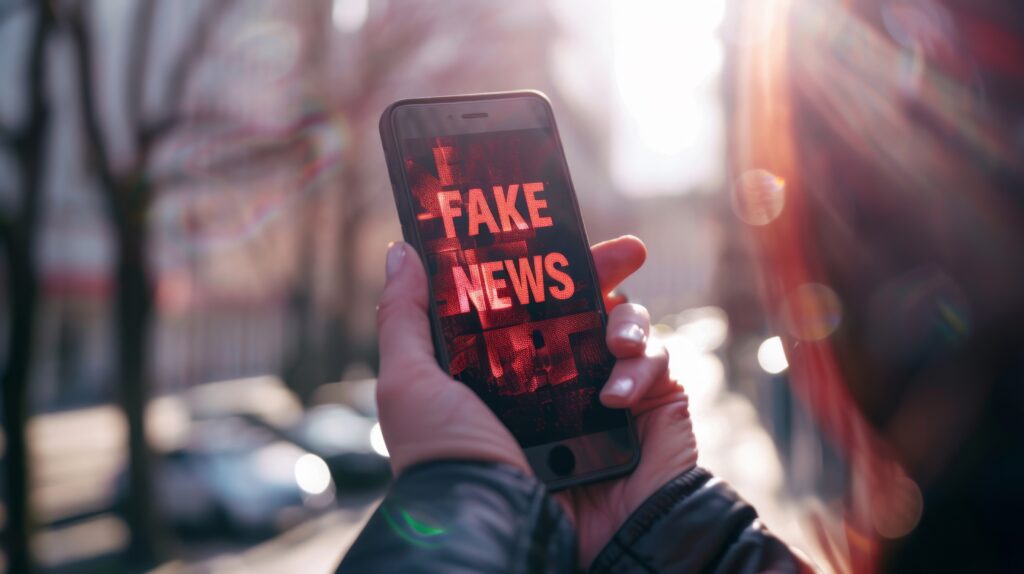Una mujer sostiene un teléfono celular con la palabra "fake news" escrita en él.