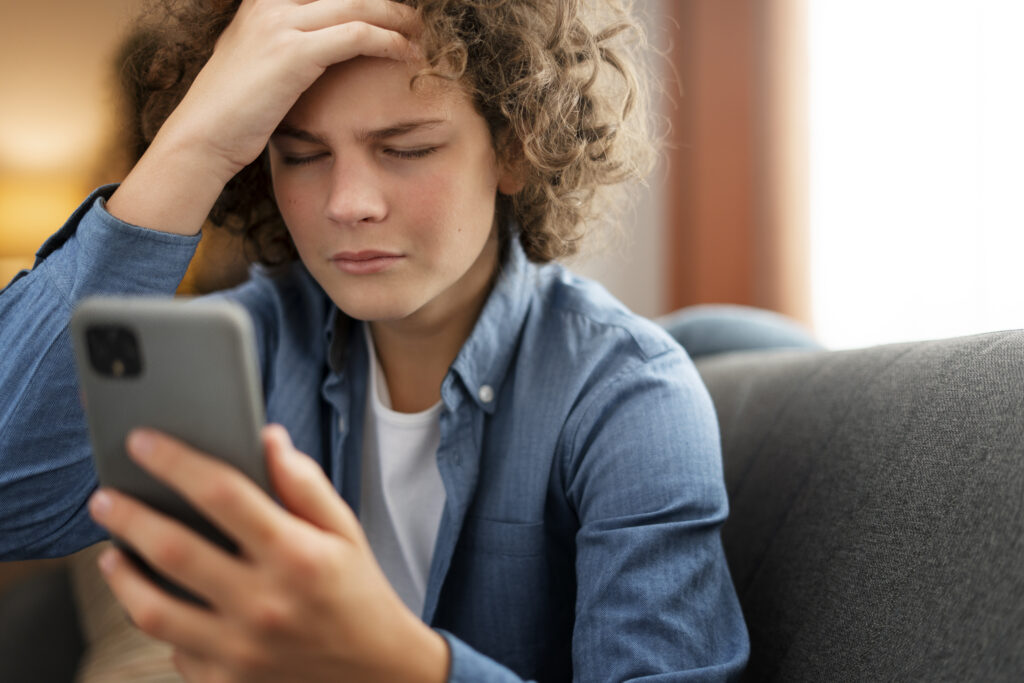 Mujer mirando su teléfono celular con angustia