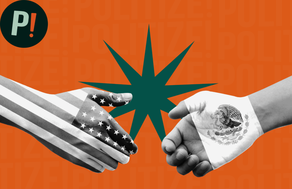 Manos con las banderas de Estados Unidos y México representando la relación política