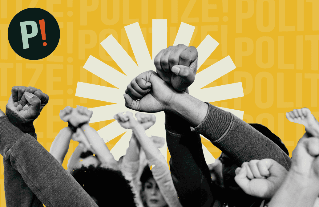Imagen de capa con personas levantando los brazos representando la justicia social.